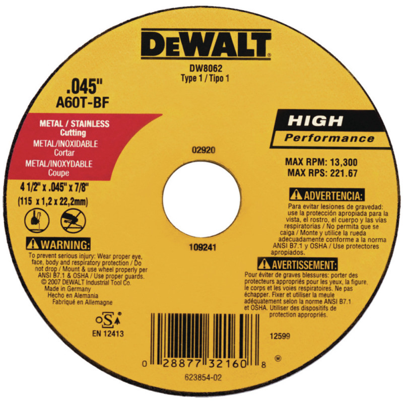 DISCO ABRASIVO PLANO 4-1/2 P/CORTE INOX DW44618-PH